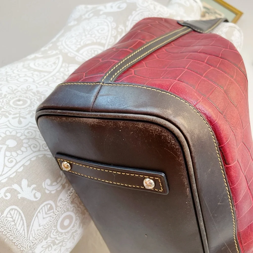 Dooney & Bourke Red Croc-Embossed Leather Hobo with Brown Trim